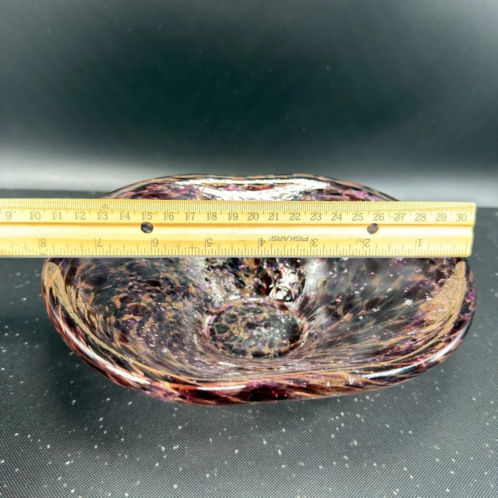 Julia Knight Hand Blown Italy Art Glass Bowl Dish Purple Amber‎ Silver Confetti